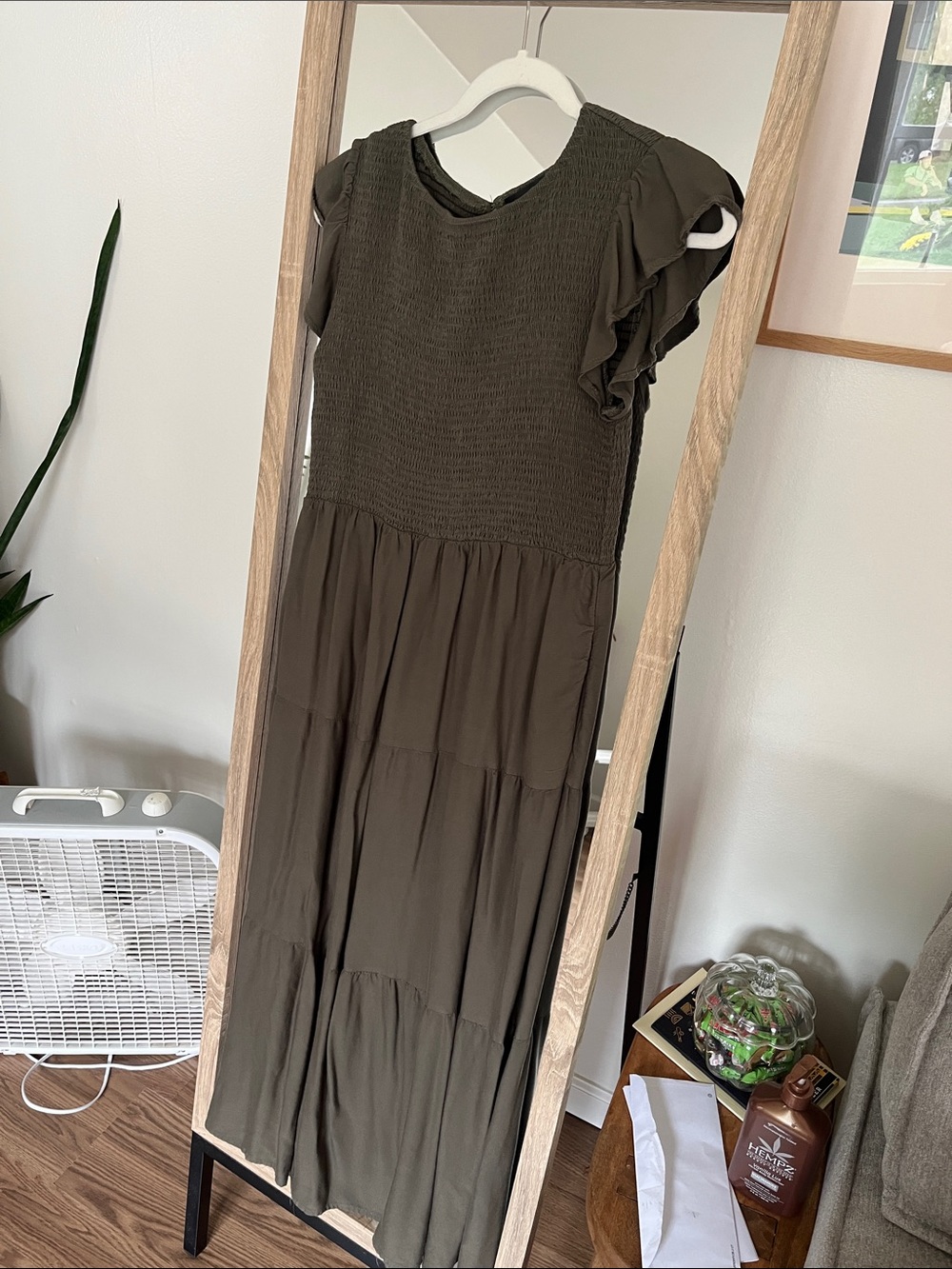 Smocked Olive Green Maxi Dress with Ruffle Sleeves